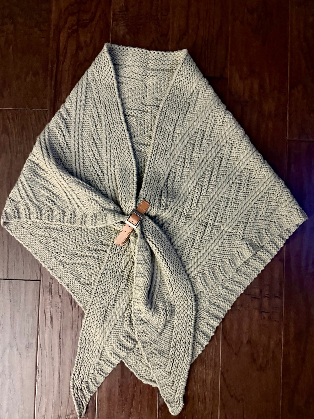 Chunky Knit Shawl Wrap with Leather Buckle - Light Sage